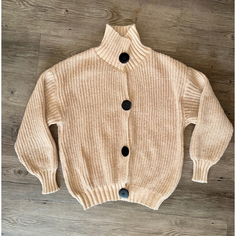 SHEIN Men Beige Chunky Knit Cardigan Sweater High Neck Button Down Size S